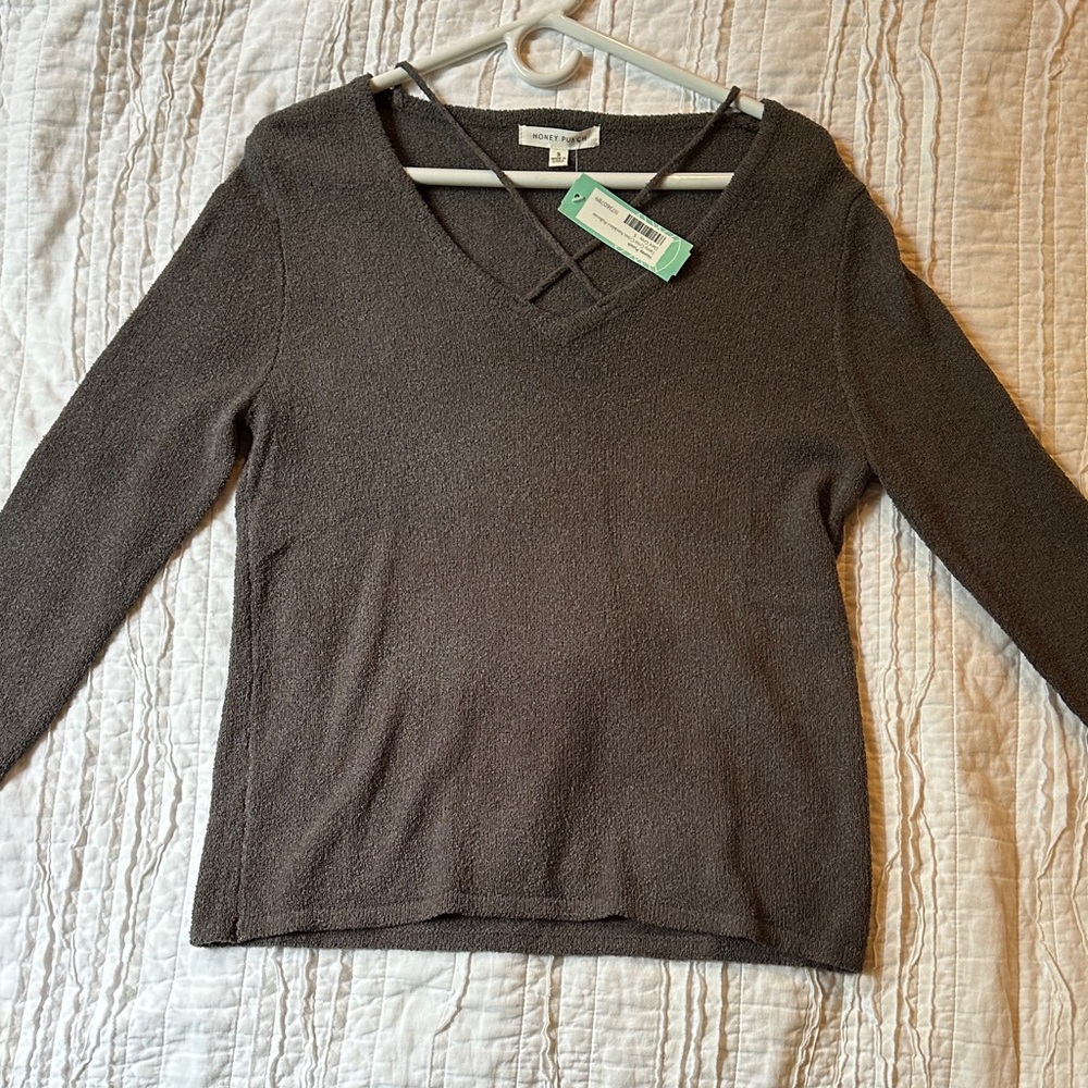 Honey Punch Gray Crisscross V-Neck Sweater